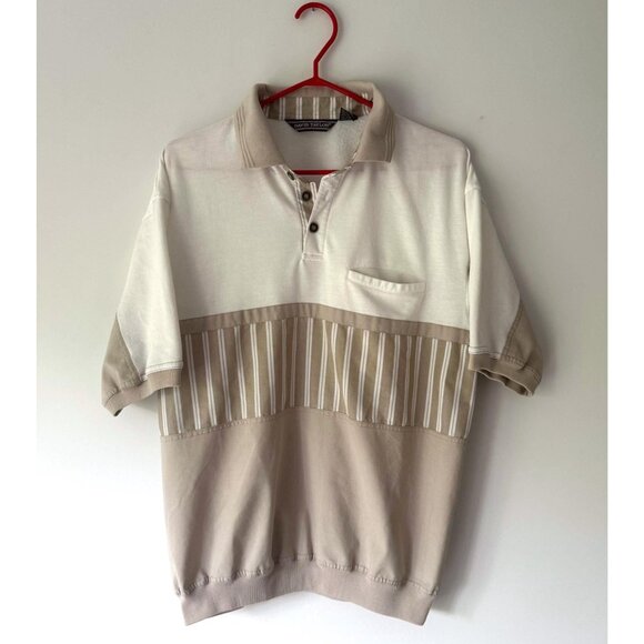 90s vintage white brown striped retro style unisex mens collared polo golf shirt - Picture 1 of 10
